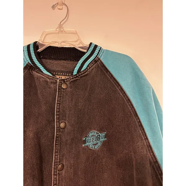 International Denim Vintage Varsity Bomber Jacket Black Teal XL Tampa Bay Auto - Image 4