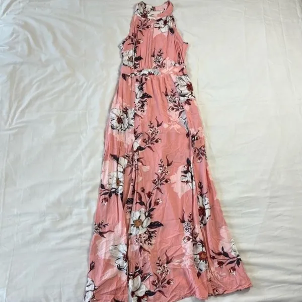 Floral Pink Maxi Dress Small High Neck Front Splits Fairy Cottagecore Whimsical - Image 3