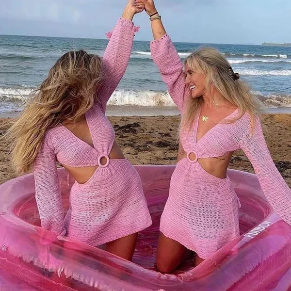 Beginning Boutique Pink Long Sleeve Crochet Dress - Image 4