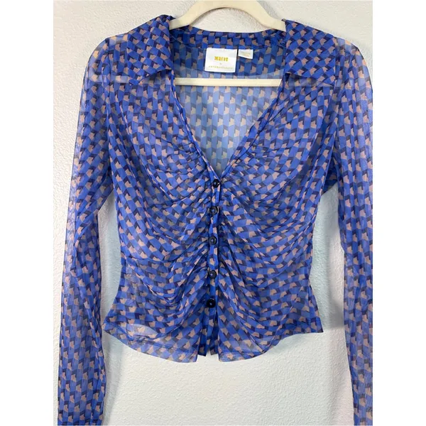 Maeve Anthropologie Blue Sheer Ruched Blouse Womens M Girly Romantic Shirt Top - Image 6
