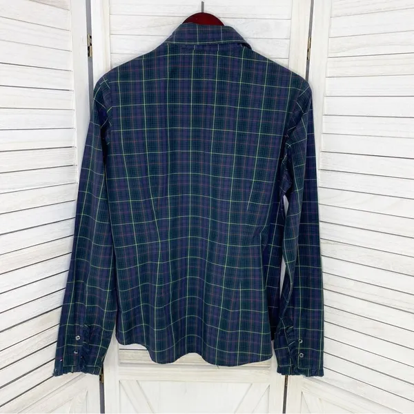 Tommy Hilfiger Plaid Ruffle Cuff Trim Button Front‎ Shirt Green Navy Medium - Image 10