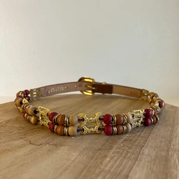 EXPRESS Vintage Brown Genuine Leather Beaded Weaved Link Gold Buckle Belt Size S/M - Image 2