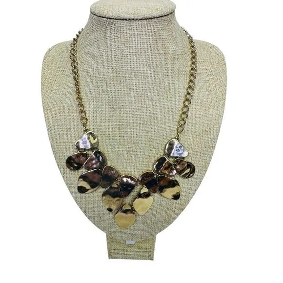 Hammered Like Flat Stones Gold Tone 16" Adjustable Necklace‎ Statement Piece - Image 2