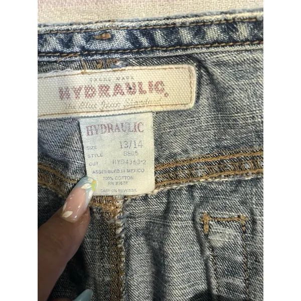 Hydraulic Denim Skirt Button Fly Pockets‎ Back Slit Logo Size 13/14 - Image 4