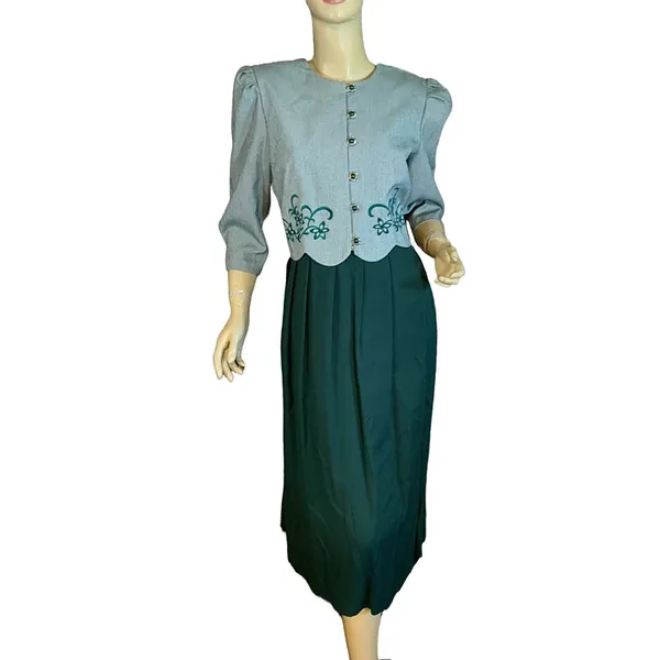 Miss Dorby Vintage 1990'S Green & White One Piece Dress With Tie Back Belt (6p) - Image 2