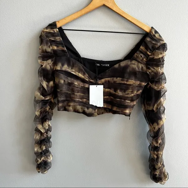 Zara CORSETRY TULLE CROP TOP Black Tan Long Sleeve Mesh Cropped Top Small NWT - Image 8