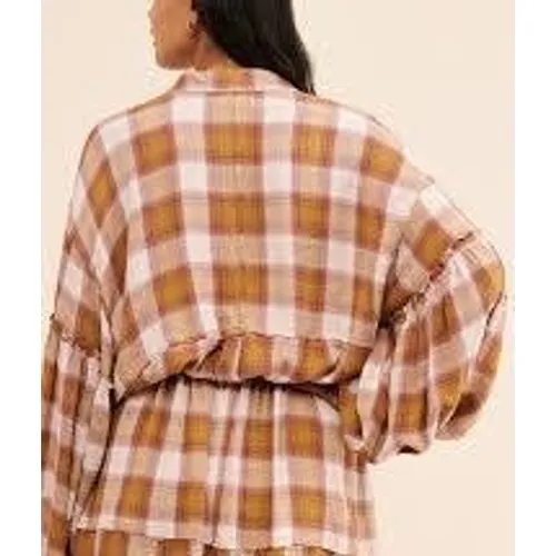 Free People Women Dress XS Brown Plaid Balloon Sleeve Mini Shirt Dress - Image 3