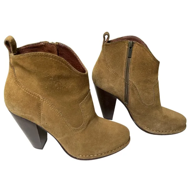 Frye Madeleine Suede Ankle Boots Brown Leather Lined Stacked Heel‎ 8.5 - Image 5
