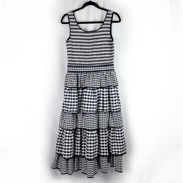 Hunter Bell Andrea Black White Gingham Smocked Tiered Midi Dress Anthropologie 6 - Image 5