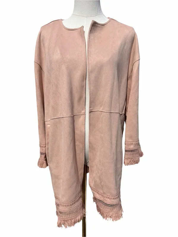 Zara Faux Suede Fringe Jacket Women M Blush Pink Open Front Boho Festival - Image 2