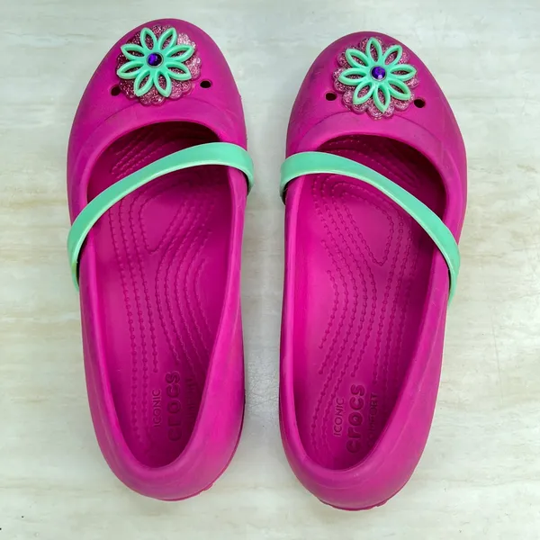 Crocs Womens J3 Pink Mary Jane Flats Mint Green Strap Flower Detail SKU-A31 - Image 10