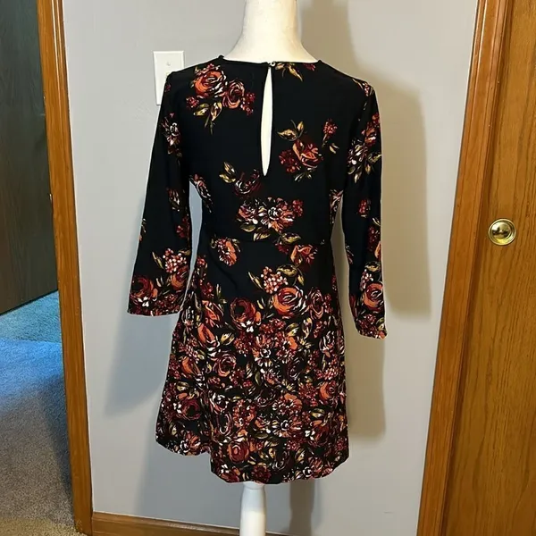 Abercrombie & Fitch Black Floral Bell Sleeve Mini Dress Rose‎ Print Side Zip - Image 3