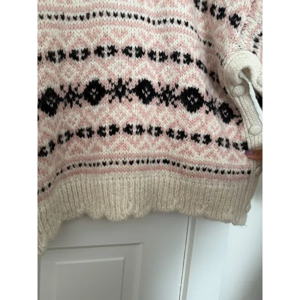Zara Oversized Fair Isle Knit Sweater Pink Cream Side Button M-L NWT - Image 9