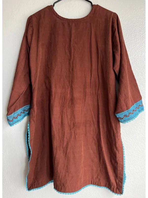 Vintage Mexican American long-sleeved Cotton tunic teal embroidered Brown floral - Image 2