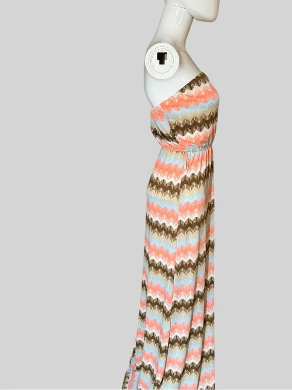 Wishful Park Strapless Maxi Dress in Coral, Light Blue & Brown Chevron - Image 4
