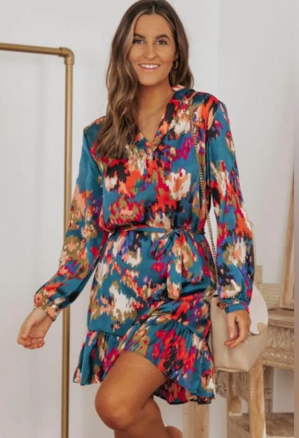 NEW Deep Turquoise Abstract Multicolor Print Belted Ruffle Satin Mini Dress - Image 7