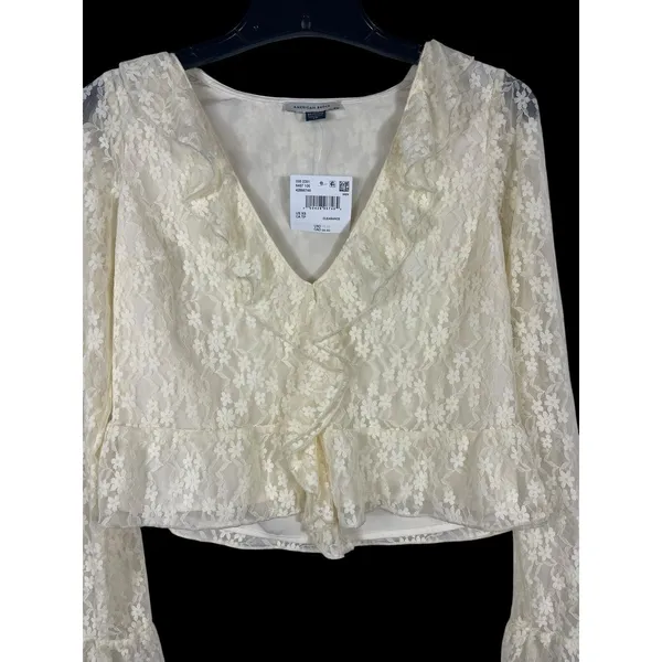 NWT American Eagle Lace Crop Top XS Ivory Sheer Fairy Boho Y2K Bell Sleeve - Image 4