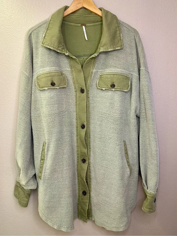 Free People Ruby Oversized Green Shacket Shirt Jacket Distressed Cotton - Image 2