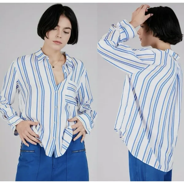 Cotélac Acoté Blue & Gold Striped Button Down Blouse French Designer Size XS/S‎ - Image 2