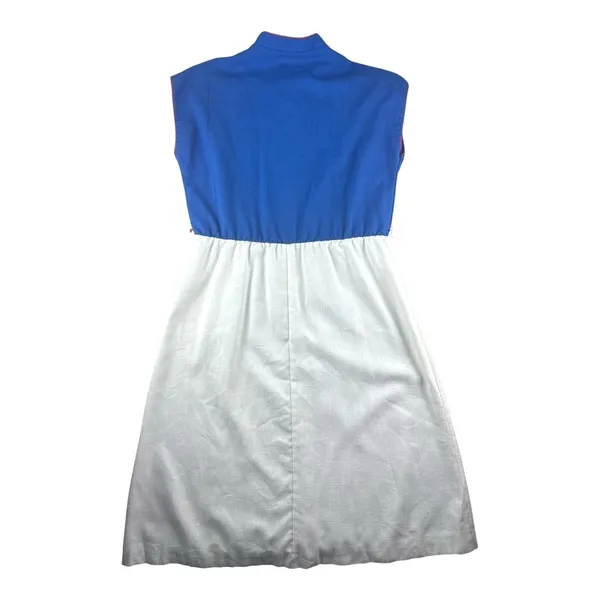 Vintage 70s Malouf Blue White Slub Texture Pleated Midi Dress Red Trim Size 14 - Image 9