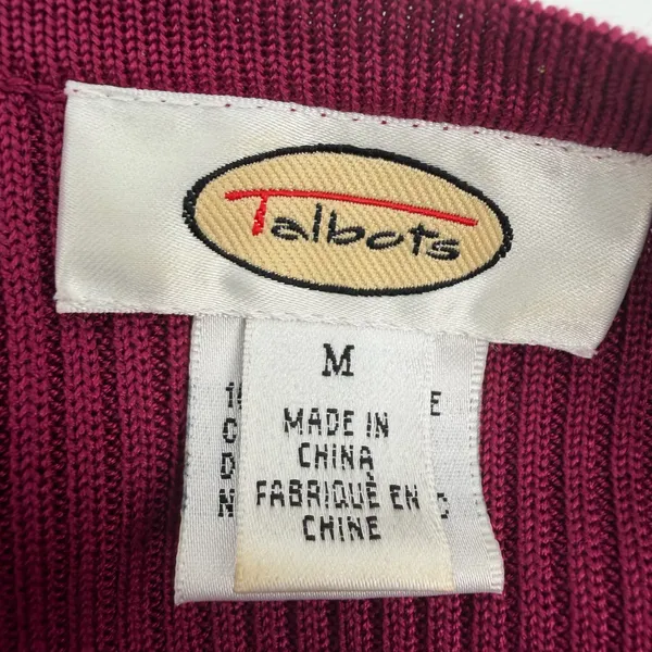 Talbots Silk Cardigan Sweater Womens M Cranberry Burgundy Ribbed Button Front LS - Image 4