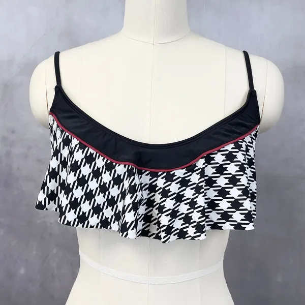 Houndstooth Bikini Top Women‎ Large Ruffle Stretch Retro Beach Preppy Chic - Image 2