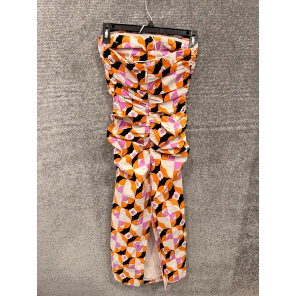 Anthropologie Women Dress XS Orange Pink Geometric Ruched Strapless Midi Wrap - Image 4