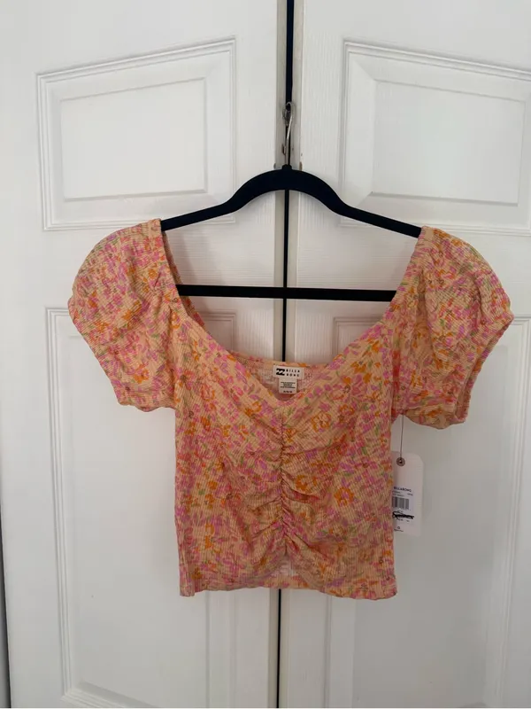 NWT Billabong Pretty Sweet Top Orange Pink Floral Crop Top Puff Sleeve Medium - Image 4