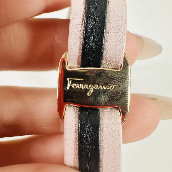 Ferragamo Pink Black Leather Vara Wrap Bracelet Bow Logo Snap 7in Made In Italy - Image 3