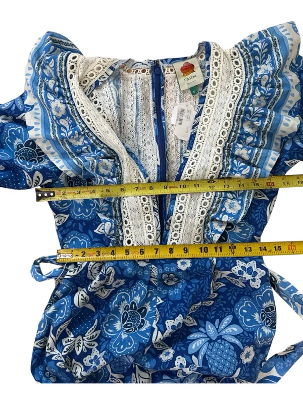FARM Rio Full of Flowers Blue Floral Lace Jumpsuit Small Flaw Vacay Boho S-S - Image 16