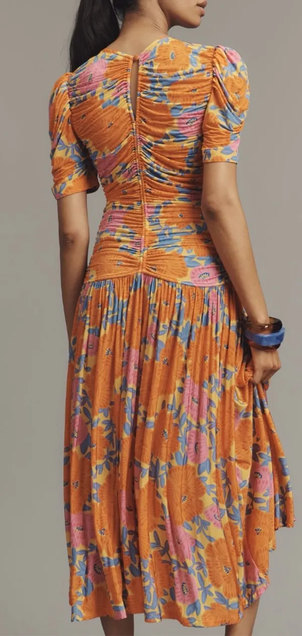Farm Rio V-Neck Floral Ruched Mesh Midi Dress, Size M - Image 2