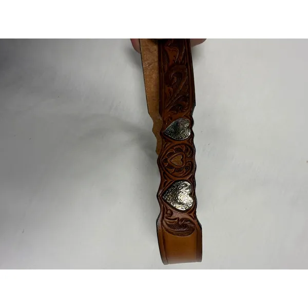 Justin Boots Vintage Justin Leather Western Belt Brown Tooled Floral Heart Conchos Size 26 - Image 2