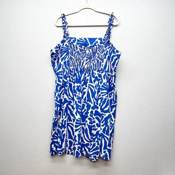 H&M Babydoll Midi Dress Womens XL Smocked Beachy Coastal Nautical Travel Island - Image 6