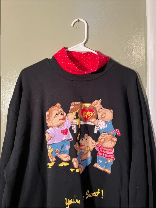 Vintage Basic Editions Womens Mock Neck Sweatshirt Black Bear Honey You're Sweet - Image 2