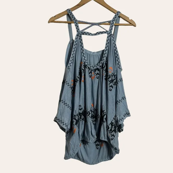 Free People Blue New World Embroidered Bohemian Cold Shoulder Peasant Top Size M - Image 9