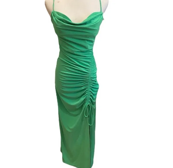 NWT Zara Green Long Bodycon Ruched Dress Draped Spaghetti Straps M Party - Image 4