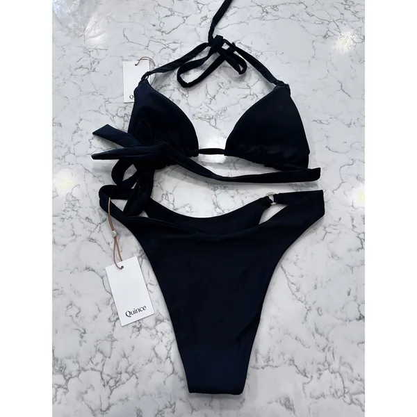 Quince Black Italian Triangle Bikini Top & High Leg Ring Bottoms Size Medium - Image 2