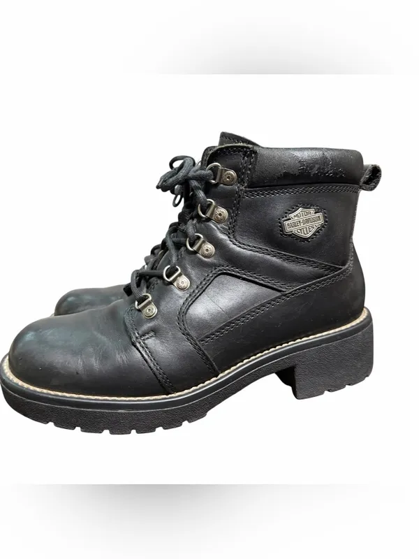 Harley Davidson 9.5 Black Leather Lace Up Motorcycle Ankle Boots Side Zipper - Image 3