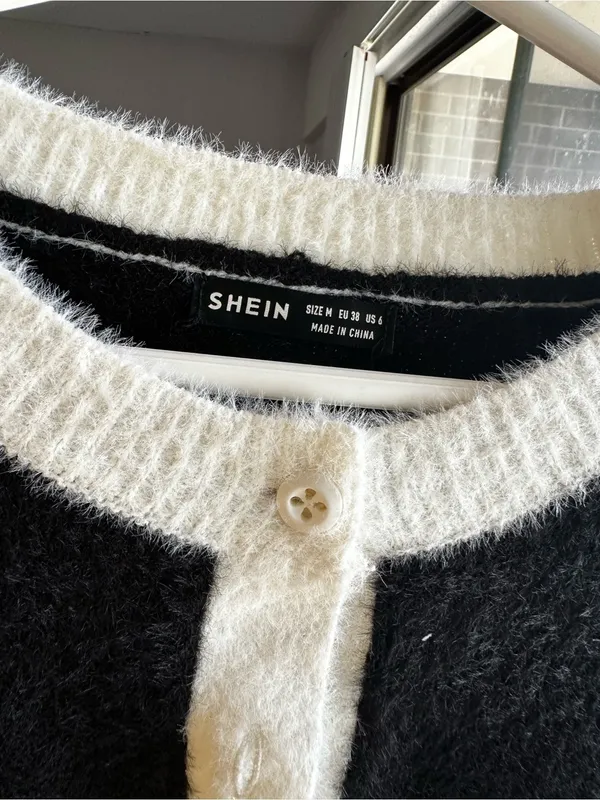 SHEIN Black and Cream Fuzzy Eyelash Cropped Button Cardigan - Image 2