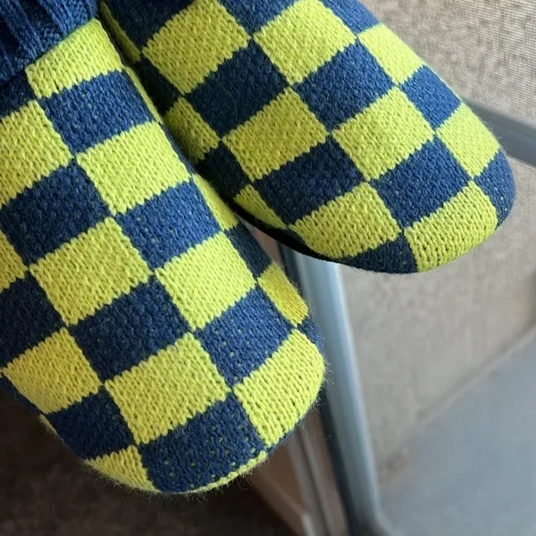 NWT Free People Sleepover Bootie Slippers checker blue/yellow, faux fur interior - Image 14