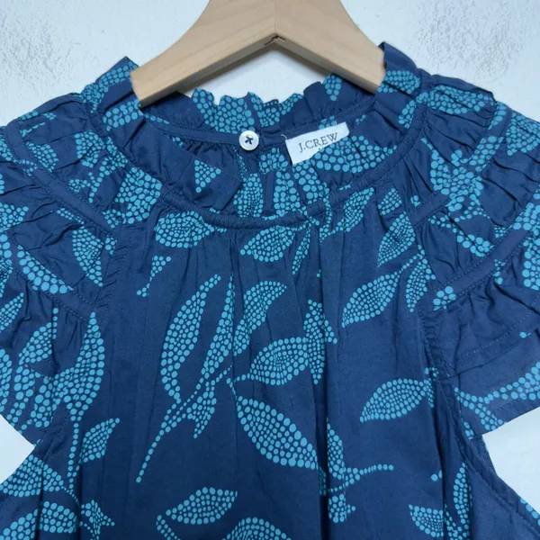 J. Crew Women 100% Cotton Preppy Top‎ XS Blue Leaf Print Ruffle Flutter Sleeve - Image 2