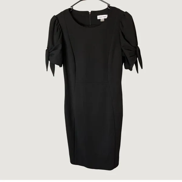 Calvin Klein Womens Black Puff Sleeve Tie Detail Sheath Dress Size 4 Solid LBD - Image 2