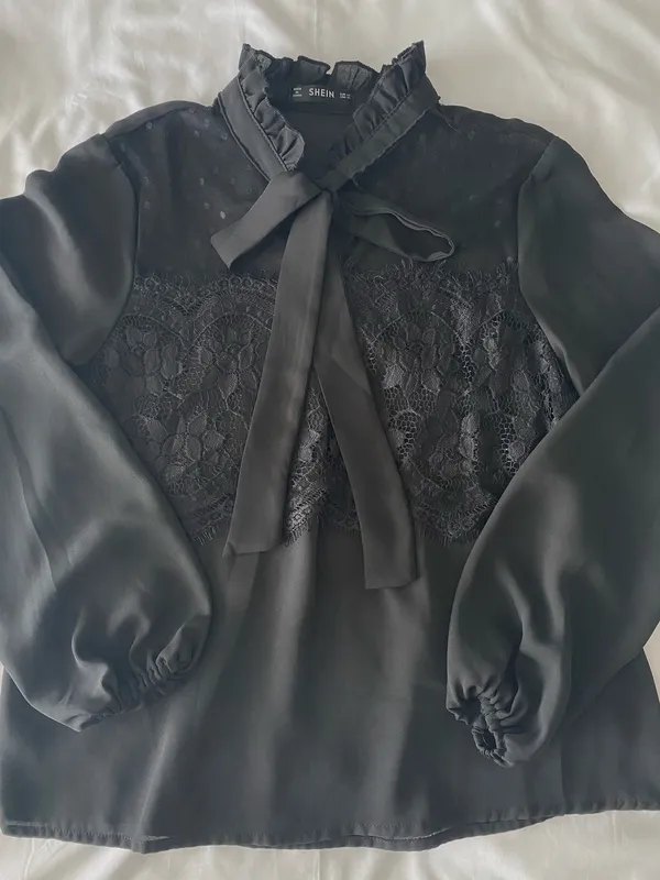 SheIn Black Frill Tie Neck Blouse With Lace Panel - Image 2