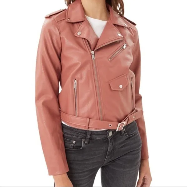 NWT Montrez Moto Jacket Womens M Pink Faux Leather Belted Zipper Edgy Bikercore - Image 2