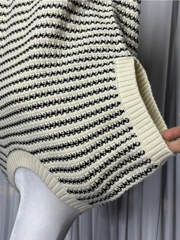 Striped Cream & Black Short-Sleeve Knit Sweater Size M - Image 6
