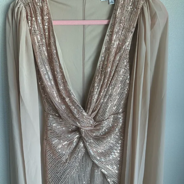 Elegant Sequin Maxi Gown with Sheer Cape Gold Size XS - Image 6