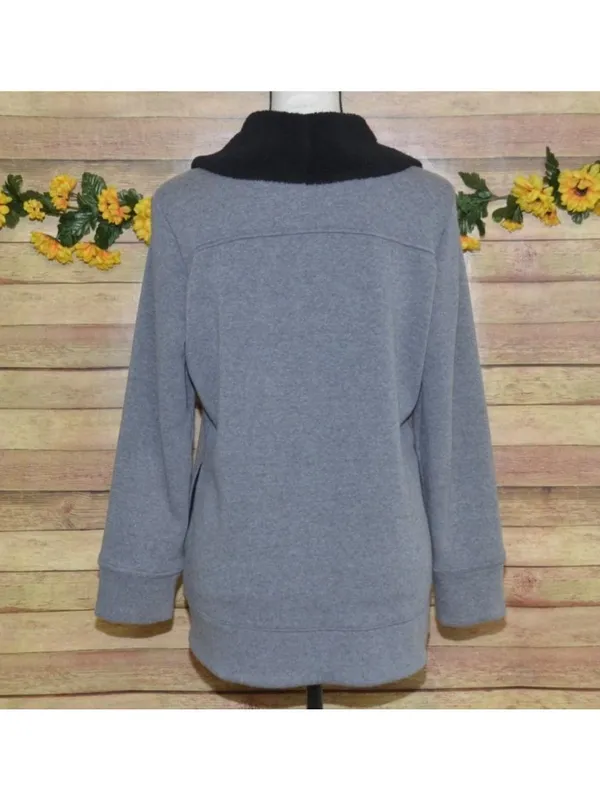 LL Bean Cardigan Jacket Womens M Gray Black Fleece Shawl Collar Open Front - Image 8