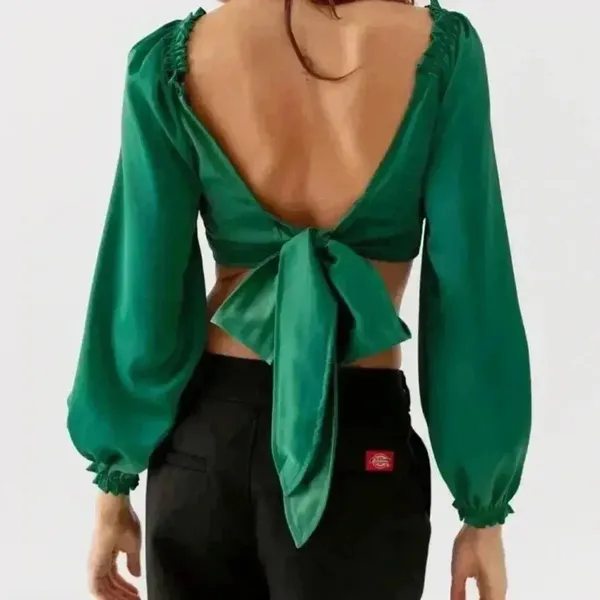 Urban Outfitters Green Satin Long Puff Sleeve Tie Back Crop Festival Top Size M - Image 8