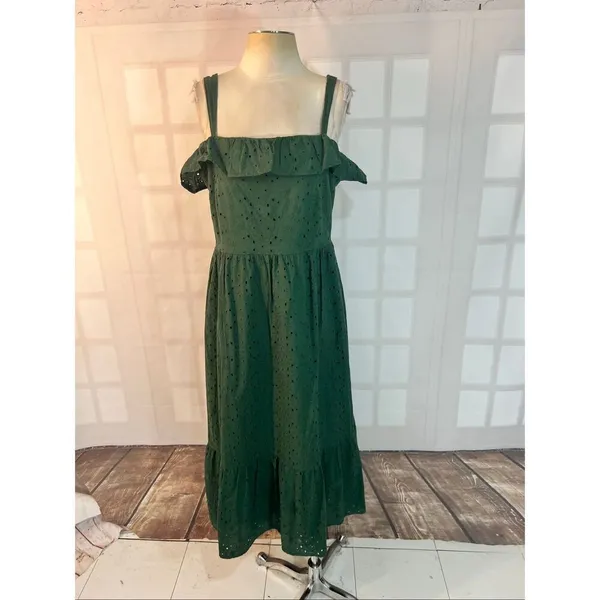 Loft Green Eyelet Ruffle Square Neck Sleeveless Cotton Midi Sundress Size 10 - Image 3