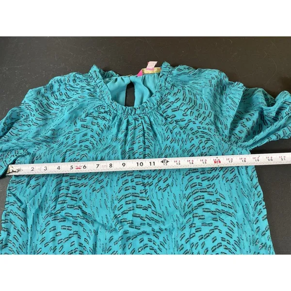 Lilly Pulitzer Silk Metallic Shimmer Blouse M Teal Long Sleeve Sheer Lined Top - Image 11